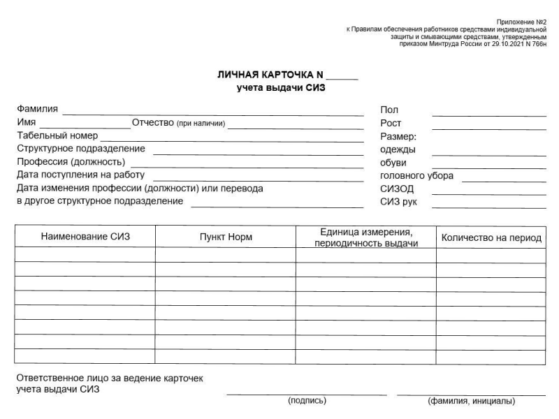Личная карточка учёта выдачи СИЗ
